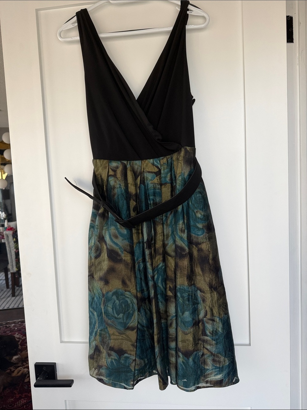 Evan Picone Black Bodice with Teal and Olive Floral Midi Dress